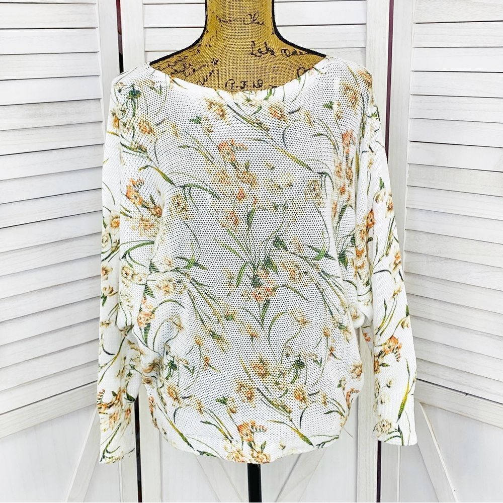 Collezioni Leonardo Floral Open‎ Weave Dolman Sleeve Sweater Ivory Small